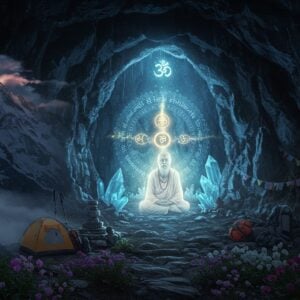 A mystical Himalayan cave entrance illuminated by ethereal blue-white light, set against snow-capped peaks at twilight. The cave opening features ancient Sanskrit symbols etched in glowing gold. A translucent, ethereal form of Mahavatar Babaji in pure white robes sits in lotus position, floating slightly above the ground, emanating a soft golden aura. Around him, swirling patterns of energy in shades of cosmic blue and silver create mandalas in the air. Crystal formations inside the cave sparkle with divine light. Prayer flags flutter in the mountain breeze. The scene is dotted with blooming Himalayan flowers in purple and white. Misty clouds part to reveal stars forming the Kriya Yoga symbol. Modern trekking gear and camping equipment subtly placed near the cave entrance suggests contemporary accessibility. Art style combines hyperrealistic digital rendering with traditional Indian mystical elements, emphasizing both photographic detail and spiritual surrealism. The lighting creates a dramatic interplay of natural twilight and divine illumination, with rays of light breaking through clouds.