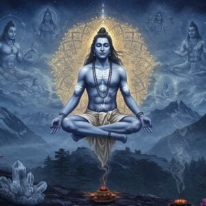 A majestic Indian yogi with ageless features and radiant skin, appearing to be in his mid-thirties, levitating in lotus position against a misty Himalayan backdrop with snow-capped peaks. His long black hair flows freely, wearing nothing but a simple white dhoti. His body emanates a supernatural golden aura with intricate mandala patterns. The scene is illuminated by an ethereal blue-white light, creating a mystical atmosphere. In the background, translucent visions show glimpses of his different manifestations through time periods. Sacred geometry patterns float around him, interwoven with swirling energy streams in deep indigo and gold. Multiple ghosted images of him teaching disciples fade into the background, suggesting his timeless presence. The lighting is otherworldly, with soft moonlight filtering through clouds, creating a dreamy, supernatural ambiance. The art style combines hyperrealistic digital painting with traditional Indian spiritual art elements, emphasizing both photorealistic details and mystical elements. Crystal formations and blooming Himalayan flowers dot the foreground, with subtle wisps of incense smoke creating layers of depth.