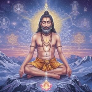 A serene, ethereal portrait of Mahavatar Babaji seated in Padmasana on a crystalline Himalayan peak, his form semi-transparent and luminous. He appears as a youth with copper-colored skin, wearing a simple white dhoti, bare-chested, with long dark hair flowing. His eyes are gentle yet penetrating, radiating divine wisdom. Around him, sacred geometric patterns and golden Kriya Yoga symbols float in the air. The scene is bathed in a soft, otherworldly blue light with swirling cosmic energy patterns. In the background, multiple dimensions are subtly visible through translucent veils, showing various yogic practices. Glowing lotus flowers emerge from pure consciousness around him. The art style combines hyperrealistic digital painting with traditional Indian spiritual art, featuring intricate mandala patterns in gold and silver. The atmosphere captures both timelessness and divine presence with smooth gradients of purple, indigo, and gold. Sparkles of divine light scatter around his aura, while subtle images of the Himalayas fade into the mystical background.