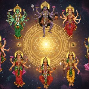 A mystical scene featuring the Ten Mahavidyas arranged in a protective circular formation, each goddess radiating distinct divine energy. In the center, a large, intricate yantra made of glowing golden lines pulses with spiritual energy. Kali stands prominently at the top, four-armed, dark-skinned, wearing a garland of skulls, holding a sword and severed head, showing abhaya and varada mudras. Clockwise: Tara (emerald-green, holding blue lotus), Tripura Sundari (rose-pink, holding flowers and book), Bhuvaneshwari (golden-complexioned, four-armed with cosmic symbols), Chinnamasta (red, holding her severed head), Bhairavi (crimson, adorned with ornaments), Dhumavati (smoke-grey, elderly widow form), Bagalamukhi (golden-yellow, holding enemy's tongue), Matangi (green, playing veena), and Kamalatmika (lotus-seated, golden-complexioned). Their divine auras blend together forming a protective shield of iridescent light with sacred Sanskrit symbols floating ethereally. Modern digital art style merging with traditional Tantric art elements, deep jewel tones contrasting with cosmic nebula-like backgrounds, subtle sacred geometry patterns overlaying the entire scene. Soft golden light emanates from between the goddesses, creating a sense of divine protection and power.