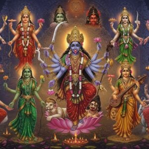 A magnificent scene depicting ten ethereal Indian goddesses in a circular formation, each radiating distinct divine energy. At the center, Kali Ma with four arms, holding a sword, severed head, abhaya mudra, and var mudra, her wild hair flowing with stars. Surrounding her clockwise: Tara in emerald green with lotus and scissors, Tripura Sundari in royal red with flowers and jewels, Bhuvaneshwari in golden light controlling cosmic spheres, Chinnamasta with self-decapitated head and blood streams, Bhairavi in fierce crimson with rudrakshas, Dhumavati as a wise crone in smoke-grey, Bagalamukhi in yellow holding enemy's tongue, Matangi in green playing veena, and Kamala seated on lotus with elephants. Background features intricate Madhubani-style mandalas, swirling Sanskrit yantra patterns in gold, and floating lotus petals. Soft ethereal lighting bathes the scene in mystical blues and purples, with glowing halos behind each goddess. Style combines traditional Indian art with modern digital aesthetics, hyperrealistic details in jewelry and fabric textures. Scene emanates both power and serenity, with flowing fabric, mystical smoke, and divine weapons creating dynamic composition.