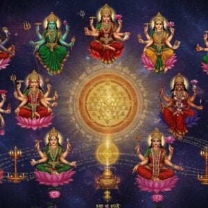 A mystical scene featuring the Ten Mahavidyas arranged in a circular formation around a central, luminous Sri Yantra. Each goddess is depicted in their traditional form with distinct features - Kali with her dark complexion and four arms holding sword and severed head, Tara in emerald green with two arms in blessing pose, Tripura Sundari in deep red with four arms holding noose and flower, Bhuvaneshwari in golden hue with four arms holding book and lotus, Chinnamasta with self-decapitated head, Bhairavi in fiery red, Dhumavati as widow in gray, Bagalamukhi in yellow holding enemy's tongue, Matangi in green playing veena, and Kamala seated on lotus. Each goddess emanates distinct colored auras that blend together creating a supernatural glow. Their respective yantras float before them, rendered in gleaming gold sacred geometry against a deep indigo cosmic background. Swirling Sanskrit mantras in ethereal light trail through the scene like streams of consciousness. The composition is framed by blooming lotus flowers and enlightened mandalas. Art style combines traditional Tantric art with modern digital aesthetics, featuring rich metallics, deep jewel tones, and subtle sacred geometry patterns throughout. Lighting is dramatic with divine rays emerging from the central Sri Yantra.