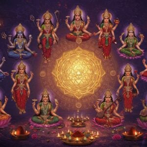 A mystical scene depicting all ten Mahavidyas arranged in a circular formation around a central, intricate Sri Yantra glowing with divine golden light. Each goddess distinctly portrayed with their traditional iconography - Kali with her necklace of skulls and dark complexion, Tara in emerald green, Tripura Sundari in deep red with four arms holding noose and goad, Bhuvaneshwari in gold surrounded by cosmic symbols, Chinnamasta with severed head, Bhairavi in crimson with crescent moon, Dhumavati as widow in gray, Bagalamukhi in yellow holding enemy's tongue, Matangi in green playing veena, and Kamala seated on lotus. The background features swirling mandalas and tantric geometry patterns in deep purples and indigos. Sacred offerings like kumkum, flowers, ghee lamps, and yantra diagrams float ethereally around them. The scene is illuminated by multiple glowing oil lamps creating a dramatic interplay of light and shadow. Art style combines traditional Tantric art with modern digital aesthetics, rich in detail with metallic accents and a surreal, mystical atmosphere. The composition should feel both ancient and contemporary, with smooth gradient lighting and subtle particle effects.