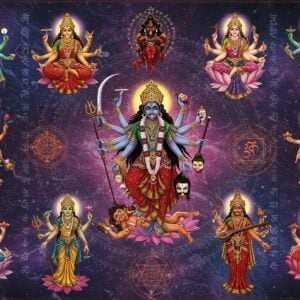A mystical scene featuring the Ten Mahavidyas arranged in a circular mandala formation, each goddess distinct and radiantly glowing. In the center, Kali Ma with four arms, holding sword, severed head, abhaya mudra, and vara mudra, her wild hair flowing with stars. Clockwise around her: Tara (emerald-green, standing on Shiva), Tripura Sundari (rose-pink, seated on lotus), Bhuvaneshwari (golden, cosmic form), Chinnamasta (red, self-decapitated), Bhairavi (crimson, adorned with skulls), Dhumavati (grey smoke form, widow), Bagalamukhi (yellow, holding enemy's tongue), Matangi (green, playing veena), and Kamala (lotus-seated, flanked by elephants). Sacred geometric patterns and yantra formations float between them. The background features swirling cosmic energies in deep indigo and purple, with Sanskrit seed syllables dissolving into light. Modern digital art style merging with traditional Tantric iconography, ethereal lighting effects highlighting each goddess's unique attributes. Lotus petals and subtle smoke tendrils frame the composition. The overall color palette combines deep jewel tones with metallic gold and silver accents, creating a contemporary spiritual aesthetic.