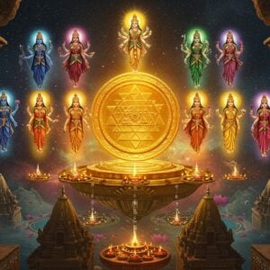 A mystical scene featuring ten ethereal, divine feminine forms of Mahavidyas emerging from a massive, ornate golden Sri Yantra floating in cosmic space. Each goddess radiates distinct aura colors - Kali in deep midnight blue, Tara in emerald green, Tripura Sundari in sunrise gold, Bhuvaneshwari in crimson, Chinnamasta in fiery orange, Bhairavi in blood red, Dhumavati in smoke grey, Bagalamukhi in yellow, Matangi in green-blue, and Kamalatmika in pink lotus hue. Ancient temple spires rise beneath them, rendered in intricate Madhubani style with detailed geometric patterns. Floating lotus flowers, sacred flames, and swirling cosmic energies fill the space between. The lighting is dramatic with golden rays emanating from the Sri Yantra, casting divine shadows. Small, detailed temple architecture elements float in spiraling patterns around the scene. The background shows a starlit universe with subtle mandalas and yantra patterns. The art style combines hyperrealistic digital painting with traditional Indian temple art motifs, creating a surreal, powerful atmosphere. The scene is framed by ornate temple doorways on either side with detailed Sanskrit carving patterns.