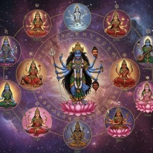A cosmic sacred mandala featuring ten distinct chambers arranged in a circle, each housing a Mahavidya goddess with their signature planetary symbols. In the center, Kali (Saturn) stands with four arms holding sword, severed head, abhaya mudra, and vara mudra, her wild hair flowing with stars. Clockwise: Tara (Jupiter) emerges from a lotus in emerald green, Tripura Sundari (Venus) sits on lotus throne with pink aura, Bhuvaneshwari (Mercury) expands within cosmic sphere, Chinnamasta (Rahu) holding her severed head with blood streams, Bhairavi (Mars) radiating fierce red energy, Dhumavati (Ketu) as cosmic smoke form, Bagalamukhi (Sun) in golden light paralyzing demons, Matangi (Moon) playing veena surrounded by celestial notes, and Kamalatmika (Venus) seated on pink lotus. The background shows a deep space scene with swirling galaxies, nebulae, and constellations in deep purples, blues, and golds. Sacred geometry patterns connect each goddess to their respective planetary symbols. The entire scene is rendered in a fusion of traditional Tantric art and modern digital aesthetics, with metallic gold accents, glowing auras, and intricate Indian patterns. The lighting emphasizes the divine radiance emanating from each goddess.
