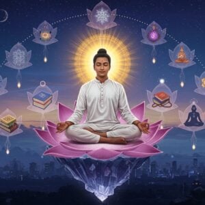 A serene young Indian man in modern attire (crisp white kurta, minimal jewelry) seated in Padmasana on a modernistic floating crystal platform, emanating a bright golden aura. Multiple translucent lotus petals orbit around him, each containing symbols of discipline - books, meditation beads, yoga poses. His eyes are closed in deep meditation, with a subtle smile reflecting inner peace. The background features a gradient of deep indigo to soft golden light, with sacred geometry patterns and mandalas floating ethereally. A modern cityscape silhouette sits beneath, connected to the spiritual realm above by streams of light. The scene is illuminated by both moonlight and divine rays, creating a harmonious blend of modern and spiritual elements. The art style combines hyperrealistic digital rendering with traditional Indian Madhubani patterns in the details. Floating crystals and sacred threads weave through the composition, while subtle hints of chakra colors create a rainbow effect in the aura. The overall atmosphere suggests transformation, discipline, and spiritual elevation.