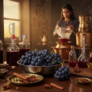 A rustic yet elegant Indian kitchen scene with golden evening light streaming through a window, illuminating traditional copper vessels and modern glass carboys filled with deep purple grape wine in various fermentation stages. In the foreground, fresh clusters of dark purple Indian grapes cascade from a modern stainless steel bowl, alongside whole spices like cinnamon, cardamom, and star anise arranged in a traditional brass thaali. A sophisticated Indian woman in a contemporary fusion outfit (modern kurti with jeans) carefully strains wine through muslin cloth into crystal decanters. The background features a wall adorned with Madhubani-style artwork showing grape vines and traditional vessels. The scene combines traditional elements with modern equipment - glass hydrometers, airlocks, and temperature gauges rest on a polished wooden counter. Soft bokeh effects and warm lighting create an inviting atmosphere, with subtle golden mandala patterns in the shadows. The color palette focuses on deep purples, warm browns, and metallic golds, styled in a modern food photography aesthetic with dramatic lighting and shallow depth of field. Hyperrealistic digital art style with attention to textures and reflective surfaces.