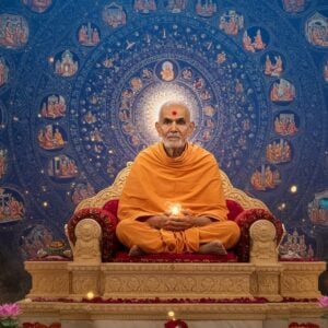 A serene Indian spiritual master in saffron robes, resembling Bhaktisiddhanta Sarasvati, seated in padmasana on an ornate marble platform, surrounded by ethereal golden light and floating Sanskrit syllables. Behind him, a massive intricate mandala in deep blues and golds radiates divine energy. Multiple translucent layers of concentric circles containing miniature scenes of devotees chanting and praying create depth. Delicate lotus flowers in pastel pink float in the foreground, emanating soft light. Wisps of sacred incense smoke form mystical patterns in the air. The atmosphere is enhanced by subtle particles of light, suggesting divine presence. The art style combines traditional Madhubani patterns in the mandala with modern digital art techniques, creating a photorealistic yet mystical quality. The lighting should be warm and golden, with hints of cool blue auras. The scene captures both the gravity of spiritual teaching and the transcendental nature of mantra meditation.