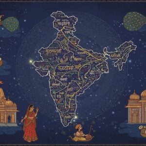 A richly detailed map of India rendered in traditional Madhubani art style, floating in an ethereal space. The map's regions are filled with distinct patterns and motifs representing different language families - intricate Sanskrit devanagari curves in the North, flowing Malayalam scripts in the South, Bengali swirls in the East. Golden threads of light connect different regions, symbolizing linguistic connections. The borders are adorned with miniature vignettes showing people in regional attire - a Bengali woman in white saree with red border, a Rajasthani man in colorful turban, a Malayali woman in kasavu saree. Around the map float stylized cultural symbols - temple architecture, classical dance mudras, musical instruments. The color palette features deep indigo, royal purple, burnished gold, and copper tones. The entire scene is encompassed by a large, glowing mandala frame with peacock motifs. Soft light particles and wisps create a mystical atmosphere. The art style combines traditional Indian miniature painting techniques with modern digital art aesthetics, creating a surreal and magical floating geographic representation.