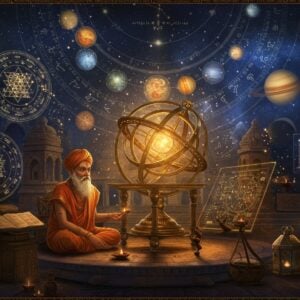 A mystical Indian astronomer in traditional dhoti and angavastram, seated in a celestial observatory with ancient Hindu architectural elements, surrounded by holographic projections of zodiac constellations and planetary orbits in golden light. The background features an intricate Madhubani-style cosmic mandala showing the nine planets (Navagraha). Floating crystalline structures display sacred geometric patterns and mathematical calculations in Sanskrit. A large, detailed brass armillary sphere occupies the center, its rings moving in ethereal animation. The scene is illuminated by a combination of starlight and oil lamps, creating a surreal atmosphere with deep indigos, burnished golds, and copper tones. Sacred symbols like the Sri Yantra and celestial charts float in the space. The overall composition merges ancient wisdom with futuristic elements, showing time cycles through spiral patterns and cosmic rhythms. Intricate Pattachitra-style border details feature astronomical instruments and mathematical symbols. The lighting is dramatic with spots of glowing golden light amidst deep space blues.