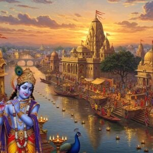 A mystical aerial view of Mathura's sacred skyline at golden hour, with the ornate Dwarkadheesh Temple as the centerpiece, its golden spires gleaming in the setting sun. The holy Yamuna River flows through the scene like a serpentine ribbon of silver and azure, dotted with illuminated floating diyas. In the foreground, a detailed Madhubani-style illustration shows Lord Krishna in his iconic pose with his flute, rendered in deep peacock blue with intricate gold ornaments. Traditional ghats lead down to the river, where devotees in colorful traditional attire perform aarti with brass lamps. The sky features ethereal patterns of soft pink and orange clouds forming subtle mandala patterns. Ancient temple architecture blends seamlessly with vibrant marketplace scenes, showing spiritual and cultural harmony. Multiple peacocks with detailed feathers perch on temple domes. The scene is illuminated by a combination of natural golden light and the warm glow of countless diyas, creating a dreamlike atmosphere. Art style combines hyperrealistic architectural details with traditional Indian art elements, rendered in a rich color palette of saffron, deep blues, and burnished gold.