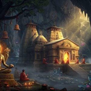 A mystical Indian temple complex nestled in the Himalayas at sunrise, with the main shrine dedicated to Matsyendranath emerging from a naturally formed cave. The temple architecture combines ancient stone craftsmanship with intricate Tantric symbols and mandalas carved into the walls. A serene meditation cave illuminated by golden light streams through crystal formations. The scene features floating lotus flowers, glowing spiritual auras, and ethereal mist. In the foreground, a stone statue of Matsyendranath in Padmasana, holding a sacred text and a fish symbol, surrounded by devotees in meditation. The color palette includes deep sapphire blues, burnished golds, and earthen reds. Sacred threads and bells adorned with traditional Matsyendranath symbols hang from ancient trees. Waterfalls and mountain peaks visible in the background. The art style merges hyperrealistic architectural details with ethereal, spiritual elements and traditional Indian artistic motifs. Soft light rays pierce through clouds, creating divine atmosphere. Crystal-clear mountain stream flowing past the temple, reflecting the golden morning light.