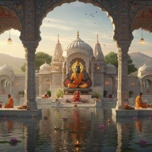A majestic ancient temple complex in Udaipur architectural style emerging from a mystical lake, with ornate white marble and sandstone structures reflecting in crystal-clear waters. The central shrine features intricate Rajasthani carved pillars and domes with gold accents. Lord Matsyendranath in his yogic form seated in Padmasana on a lotus throne, wearing saffron robes with subtle blue undertones, surrounded by a glowing mandala halo. The scene is set during golden hour, with warm sunlight casting long shadows across the temple courtyard. Traditional Rajasthani archways adorned with detailed Madhubani-style paintings depicting yoga mudras and spiritual scenes. Floating lotus flowers and diyas in the foreground water, creating ethereal reflections. The background showcases the Aravalli hills in soft pastel hues with peacock blue sky. Small groups of devotees in traditional Rajasthani attire performing puja rituals. Intricate geometric patterns and mandalas carved into the temple walls catch the light dramatically. The atmosphere is serene and mystical with soft glowing lights and gentle mist rising from the water. Art style combines hyperrealistic architectural details with ethereal lighting and traditional Indian artistic elements.
