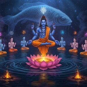 A mystical Indian yogi Matsyendranath in deep meditation pose, floating above a cosmic lotus in deep indigo waters. He wears traditional saffron-colored yogic robes with rudraksha malas, his hair in long matted locks. His body emanates a supernatural blue aura mixing with golden light. Around him, nine ethereal Nath yogis in various mudras form a circle, each radiating different colored subtle energies. The scene includes ancient Tantric symbols and yantra patterns floating in the background, rendered in glowing gold lines. A giant cosmic fish, partially transparent and made of celestial light, encircles the entire scene, referencing his legendary origins. The composition features detailed Madhubani-style patterns in the water ripples, while the overall aesthetic maintains a modern, digital art finish with dramatic lighting and depth. Sacred geometric patterns and Sanskrit symbols float subtly in the atmosphere, while smoke from ritual fires creates mystical swirls in deep purples and blues. The environment suggests both underwater depths and cosmic space, with small glowing particles floating throughout the scene.