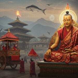 A majestic scene depicting Matsyendranath as a serene yogi master with golden-brown skin, seated in Padmasana on a richly decorated Nepalese throne. He wears traditional red and saffron robes with intricate Newari patterns, adorned with sacred rudraksha beads. His eyes are half-closed in meditation, surrounded by a soft ethereal glow. Behind him rises the iconic Pashupatinath temple with its golden pagoda roofs against misty Himalayan peaks. The foreground shows devotees performing the famous Rato Matsyendranath chariot festival, with the elaborate wooden chariot decorated with vibrant red cloths and flowers. Floating mystically in the air are symbols of his teachings - a fish (representing his connection to Matsya), tantric mandalas, and swirling energy patterns in deep blues and crimson. The scene is rendered in a fusion of traditional Paubha painting style with modern digital art techniques, featuring rich jewel tones of deep red, royal blue, and burnished gold. Soft light particles and incense smoke create an atmospheric depth, while subtle sacred geometrical patterns emerge in the background mist.