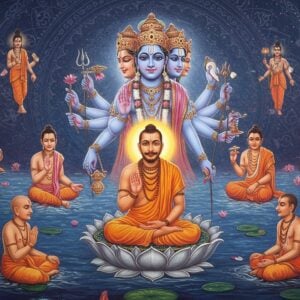 A mystical scene depicting Guru Matsyendranath seated in padmasana on a silver lotus floating above cosmic waters, wearing traditional saffron-colored yogic garments with Nath symbols. Behind him, a larger ethereal form of Lord Dattatreya with three serene faces, six arms holding symbolic items - kamandalu, damaru, trishul, lotus, japa mala, and sacred texts. Dattatreya is accompanied by four divine dogs representing the Vedas. Around Matsyendranath, nine enlightened Nath yogis in various mudras form a circular pattern, each emanating a different colored aura. The background features intricate Madhubani-style patterns in deep indigo and gold, with floating mandalas and kundalini serpents. Subtle symbols of matsya (fish) appear in the cosmic waters below. The lighting is otherworldly with soft blue and golden hues creating a spiritual atmosphere. Sacred Sanskrit symbols and yantra patterns float in the ethereal space. The art style merges traditional Indian iconography with modern digital art techniques, creating a deep sense of spiritual lineage and mystical transmission.