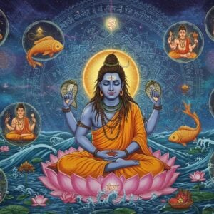 A mystical scene depicting Matsyendranath in meditation pose, seated on a lotus throne emerging from cosmic waters. He appears as a yogic master with long matted hair adorned with serpents, wearing saffron-colored robes with intricate Madhubani patterns. His skin has a blue tinge, symbolizing his connection to Shiva. Around him float golden fish in a spiral pattern, representing his name's origin. The background features a large, ornate mandala in deep peacock blue and gold, with Sanskrit symbols subtly woven into its design. Ethereal light emanates from his form, creating a luminous aura. The scene is framed by stylized waves and lotus flowers in traditional Pattachitra style, but rendered with modern digital precision. Multiple smaller scenes float in cosmic bubbles around him: one showing him receiving wisdom from a divine fish (Matsya avatar), another depicting him teaching disciples. The atmosphere is mystical with swirling energy patterns, floating yoga mudras, and subtle sacred geometry elements in golden light. The color palette combines deep indigos, celestial blues, molten golds, and touches of saffron, creating a spiritual and transcendent atmosphere.