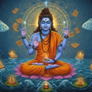 A mystical scene featuring Matsyendranath in lotus position, floating above a cosmic ocean, wearing traditional yogi attire in deep saffron and white. His face radiates divine wisdom with a serene expression, third eye visible, and long matted hair with traces of blue light. Around him, ancient Sanskrit manuscripts float and glow with golden light, their pages gently fluttering. Intricate mandalas in shades of deep indigo and gold spiral in the background, while ethereal fish forms swim through the air, referencing his connection to Matsya. His hands form the Jnana mudra. The scene is illuminated by a soft, otherworldly blue light, with sacred geometric patterns subtly woven throughout the atmosphere. Mini vignettes of yoga practitioners in various asanas appear in floating lotus petals around him. The art style combines traditional Pattachitra patterns with modern digital art techniques, featuring rich jewel tones and metallic accents. A subtle ring of Sanskrit characters emanates from his aura, appearing as light rather than text. The overall composition creates a balance between ancient wisdom and contemporary spiritual aesthetics.