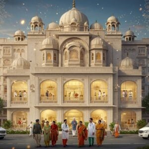 Ultra-detailed digital artwork of a modern, gleaming Indian hospital facade with traditional architectural elements, featuring ornate Rajasthani-style jharokhas and domes seamlessly blending with glass and steel structure. In the foreground, a diverse group of international patients (Caucasian, Middle Eastern, African) being warmly welcomed by Indian medical professionals in crisp white coats. The medical staff includes both male and female doctors wearing traditional bindis and subtle Indian elements. Advanced medical equipment visible through large glass windows, with a soft golden glow emanating from within. The scene is framed by modern ambulances and luxury vehicles on one side, and traditional Indian medicinal herbs and Ayurvedic elements arranged in a decorative mandala pattern on the other. Floating particles of light create a healing atmosphere, while a subtle lotus pattern watermark in the background symbolizes wellness. The color palette combines sterile whites and blues of modern medicine with warm, traditional Indian colors like saffron and deep red. Hyperrealistic style with subtle Madhubani pattern details in the architectural elements.