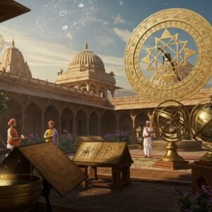 A grand ancient Indian observatory courtyard with intricate astronomical instruments in brass and stone, dominated by a massive sundial (Samrat Yantra) gleaming in golden sunlight. Indian scholars in medieval period attire (dhoti, angrakha) examining celestial instruments. The scene features floating, ethereal geometric patterns inspired by Vedic mathematics and astronomical charts. In the background, a detailed architectural marvel combining elements of Nagara-style temples with astronomical structures. The foreground showcases medieval Indian technological achievements - an ornate water clock (ghati yantra), detailed astronomical charts on palm leaves, and a beautifully crafted armillary sphere with zodiac symbols. Soft, glowing orbs of light illuminate ancient mathematical equations etched in stone. The color palette includes deep royal blue, burnished gold, copper, and rich terracotta. The scene is rendered in a style merging traditional Mughal miniature painting techniques with modern digital art, featuring intricate details and patterns. A subtle mandala pattern in the sky contains constellations and planetary positions. Art style: hyper-detailed digital art with Indian classical elements, dramatic lighting, photorealistic textures.