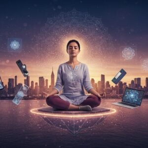 A serene young Indian woman in contemporary clothing (soft pastel kurta) sits in padmasana on a geometric lotus platform floating in a surreal cityscape. The background merges modern skyscrapers with traditional Madhubani-style patterns, where office buildings seamlessly blend into intricate mandalas. A gentle golden aura emanates from her peaceful expression, with eyes closed in meditation. Multiple translucent layers show her stress dissolving - innermost layer shows her in purple representing stress, middle layer in soft blue showing calmness, and outer layer in golden light depicting peace. Floating around her are modern lifestyle elements (smartphone, laptop, files) transformed into ethereal, glowing sacred geometry patterns. The scene features a soft gradient from deep indigo to rose gold, with particles of light dancing around her form. Hyperrealistic digital art style with spiritual undertones, dramatic lighting with emphasis on the golden hour glow. The composition should show deep contrasts between urban chaos and meditative peace.
