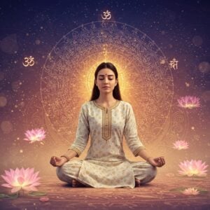 A serene Indian woman in lotus position, wearing a flowing white and gold kurta, meditating in a surreal cosmic space filled with ethereal golden light. Her eyes are peacefully closed, with a subtle golden aura surrounding her form. Multiple translucent, concentric mandalas float behind her, pulsating with divine energy in shades of deep saffron and peacock blue. Floating lotus flowers emit soft, pastel pink light around her. The background features intricate Madhubani-style patterns of spiraling cosmic waves in metallic gold and deep maroon. Delicate threads of light form Sanskrit syllables that dissolve into sparkles. Small glowing orbs of light circle around her like celestial bodies. The atmosphere is dreamy and transcendent, with a misty gradient from deep indigo at the top to soft rose gold at the bottom. Traditional Indian spiritual symbols like the Om symbol appear as subtle, glowing watermarks in the background. The overall composition should have a modern, digital art finish while maintaining traditional Indian art elements. Hyperrealistic details in the woman's serene facial features and clothing textures.