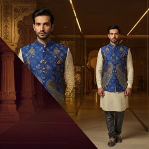 A sophisticated Indian male model in a fusion outfit - a richly embroidered royal blue Nehru jacket with intricate gold peacock motifs over a crisp white designer kurta, paired with tailored charcoal grey trousers. He stands confidently in a modern minimalist setting with traditional Madhubani-style geometric patterns subtly etched on glass walls. The scene is split diagonally - one half showing traditional elements like ornate marble pillars and jali work, the other half featuring sleek contemporary architecture with clean lines. Warm ambient lighting creates a golden glow, highlighting both traditional and modern elements. In the background, a gradient color scheme transitions from deep maroon to peacock blue. Multiple mirror reflections show the same person in different traditional-modern fusion outfits - a bandhgala suit, a modern dhoti ensemble, and a contemporary sherwaani. The art style combines hyperrealistic fashion photography with traditional Indian art elements, rendered in rich, saturated colors with subtle digital effects.