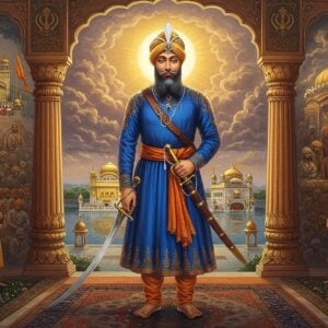 A majestic scene depicting Guru Hargobind Ji standing tall in regal attire, wearing two swords - the gleaming silver Miri (temporal) sword on the left side and the golden Piri (spiritual) sword on the right side. He wears a deep blue chola with intricate golden embroidery and a tall Persian-style turban adorned with a kalgi. Behind him rises the golden dome of the Akal Takht illuminated in divine light, with the Harmandir Sahib visible in the background across a serene sarovar. The scene is framed by two pillars - one depicting scenes of battle and governance (temporal power) and the other showing scenes of prayer and meditation (spiritual authority). Ethereal rays of golden light filter through clouds, creating a mystical atmosphere. The artwork style combines traditional Sikh miniature painting elements with modern digital art techniques, using a rich color palette of royal blue, deep gold, and copper tones. Intricate Gurmukhi patterns float subtly in the background like whispers. The overall composition emphasizes balance and harmony between the martial and spiritual aspects.