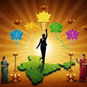 A powerful Indian woman in a modern business suit stands atop a stylized map of India rendered in traditional Madhubani art style, her silhouette glowing with a golden aura. She's reaching up towards five floating, interconnected lotus flowers in different stages of bloom, each representing different aspects of empowerment - education (blue), economics (gold), healthcare (green), leadership (purple), and social justice (red). Behind her, a large, intricate mandala pattern merges modern technology symbols with traditional Indian motifs. The scene features multiple Indian women in various professional attires - a doctor in white coat, a teacher with books, a tech entrepreneur with a laptop, and a political leader with a tricolor sash. Swirling energy patterns in saffron, white, and green connect all elements. The art style combines hyperrealistic digital rendering with traditional Indian art patterns, featuring rich jewel tones and metallic accents. Soft, ethereal lighting emphasizes the fusion of tradition and modernity, with floating diyas casting a warm glow. The background shows a rising sun with rays formed by interconnected geometric patterns inspired by Rangoli designs.