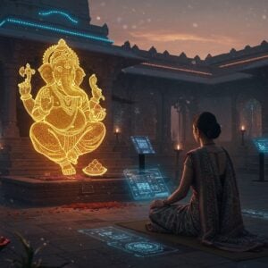 A serene Indian temple courtyard at dawn, where a young Indian woman in a contemporary fusion saree (metallic silver with traditional patterns) sits in padmasana on a smart yoga mat displaying holographic mantras. She wears modern smart prayer beads (mala) with embedded tech. Before her floats a large, ethereal 3D holographic image of Lord Ganesha, rendered in glowing golden light with precise traditional details - four arms holding lotus, broken tusk, modak, and abhaya mudra. The background seamlessly blends ancient temple architecture with modern elements: LED-lit sacred geometric patterns, floating digital diyas, and transparent touchscreens displaying Sanskrit texts. The scene is illuminated by both traditional oil lamps and subtle blue-white tech lighting. Ethereal wisps of incense merge with digital particle effects. The color palette combines deep traditional colors (saffron, maroon) with modern tech-inspired hues (electric blue, metallic silver). Rendered in a style merging photorealistic digital art with traditional Madhubani patterns in the details. The overall atmosphere balances ancient spirituality with futuristic innovation.