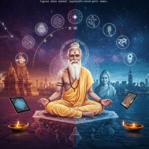 A serene elderly Indian sage with a silver beard in modern minimalist white attire, seated in padmasana on a floating geometric platform, surrounded by holographic Sanskrit texts and swirling cosmic energy. Behind him, a split background showing ancient temple architecture on one side and futuristic cityscape on the other, connected by glowing golden threads. Seven ethereal stars of the Saptarishi constellation shine above, with Atri's star prominently gleaming. His hands form the chin mudra, while floating around him are modern artistic interpretations - digital tablets displaying vedic manuscripts, contemporary art canvases with traditional Madhubani patterns, and translucent screens showing movie scenes. A soft gradient of deep indigo to cosmic purple fills the sky, with subtle sacred geometry patterns. His wife Anasuya appears as a subtle, ethereal presence beside him, rendered in a modern artistic style with flowing gold-accented garments. The overall composition merges traditional Indian art elements with sleek, contemporary digital aesthetics, featuring a color palette of deep blues, cosmic purples, and luminous gold accents. The scene is illuminated by both traditional oil lamps and modern ambient lighting.