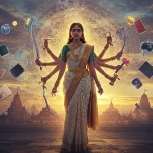 A luminous, contemporary Indian woman in a flowing white and gold designer saree stands transformed, with subtle manifestations of Devi emerging around her. Multiple ethereal, translucent arms emanate from her silhouette - each holding traditional divine weapons: trishul, sword, lotus, and bell. Her face is serene with a modern bindi, adorned with intricate gold jewelry merging traditional and contemporary designs. Behind her, a massive, glowing mandala pattern pulses with energy, combining sacred geometry with digital art elements. The background features a dreamlike cityscape transitioning into ancient temples, symbolizing the bridge between modern and traditional. Floating around her are modern symbols of feminine power - books, cameras, musical instruments, and technology - intertwined with traditional symbols like lotus flowers and peacock feathers. The lighting is dramatic with soft golden hour glow mixed with modern neon accents in purple and blue. The art style combines hyperrealistic digital painting with traditional Madhubani patterns in the details. The scene is set in a surreal space where urban elements blend seamlessly with spiritual imagery, creating a powerful visual metaphor for the divine feminine in modern times.