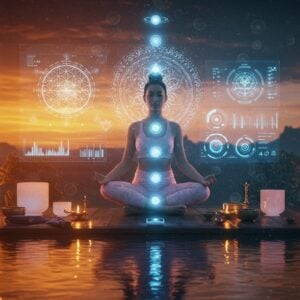 A serene Indian woman in modern athleisure mixed with traditional elements sits in lotus position, floating above a reflective pool of water. Her meditation space seamlessly blends technology with tradition - holographic mandalas pulse gently around her, while smart meditation devices emit soft blue light. Behind her, a large digital wellness screen displays real-time biometric data in sacred geometry patterns. The scene is bathed in ethereal light combining sunset orange and tech-blue hues. Crystal singing bowls and traditional brass diyas are placed alongside sleek meditation apps projected in the air. She wears contemporary yoga wear in pastel colors with subtle traditional Indian embroidery patterns. Multiple translucent layers show her progressive states of meditation - from physical to astral. The environment features living plants alongside air-purifying devices, creating a perfect harmony of nature and technology. The art style combines hyperrealistic digital rendering with traditional Madhubani patterns in the background details. Floating geometric patterns and sacred symbols emerge from her meditation, rendered in glowing gold and white light. The overall scene portrays a peaceful fusion of ancient wisdom and future technology.