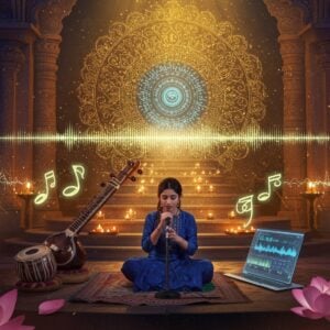 A stunning fusion scene featuring a young Indian classical singer in contemporary attire (flowing designer kurta in deep indigo) performing in a modernistic temple amphitheater. She's surrounded by both traditional instruments (sitar, tabla, tanpura) and modern music equipment (sleek transparent touchscreen controllers, holographic music visualizers). Floating around her are ethereal, luminescent musical notes in Sanskrit, transforming into peaceful mandalas. The background features a large, ornate golden mandala emitting soft blue light, with traditional Madhubani-style patterns merging seamlessly with dynamic digital wave forms in peacock blue and saffron. Multiple transparent layers of sound waves ripple through the air in metallic gold. The scene is illuminated by both traditional oil lamps and modern ambient lighting in warm purple and orange hues. Lotus flowers in pastel pink float in the foreground, their petals occasionally dissolving into musical frequencies. The art style combines hyperrealistic digital rendering with traditional Indian art patterns, creating a serene yet futuristic atmosphere. The lighting should be ethereal and dreamy, with a subtle golden glow throughout.