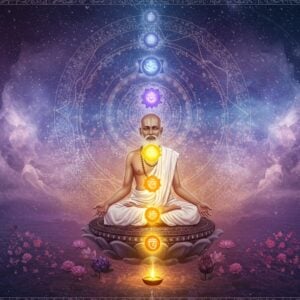 A serene Indian sage in pristine white dhoti seated in padmasana on a floating lotus platform, radiating golden divine light, surrounded by seven ascending chakra orbs in their respective colors. Behind him, a cosmic ethereal spiral represents the cycle of life, death, and liberation, rendered in shimmering gold and deep indigo. Multiple transparent silhouettes of the same sage in progressively fading opacity show the soul's journey toward liberation. The background features intricate Madhubani-style patterns in soft pastels, merging with modern sacred geometry. Floating elements include lotus flowers, Om symbols in gold, and gentle swirls of light. The lighting is otherworldly with a soft glow, creating a dreamlike atmosphere. The scene is framed by delicate mandalas in each corner, connected by flowing energy lines. The art style combines traditional Indian spirituality with contemporary digital art techniques, emphasizing photorealistic details with mystical elements. The overall color palette includes ethereal whites, deep purples, cosmic blues, and touches of gold, creating a sophisticated spiritual aesthetic.