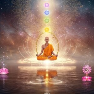 A serene Indian yogi in deep meditation, floating above a lotus-shaped platform made of pure light, against a cosmic backdrop of swirling galaxies and ethereal mandalas. The yogi wears simple saffron robes with intricate Madhubani-style patterns, surrounded by seven chakra orbs glowing in their respective colors. Breaking free from golden chains that dissolve into butterflies, symbolizing liberation. The scene features multiple layers of reality - the material world below showing earthly attachments fading into mist, while the upper portion reveals the sublime realm with abstract sacred geometry patterns in soft gold and white. Gentle rays of divine light pierce through, creating a luminescent atmosphere. The foreground showcases a reflecting pool with ripples forming the infinity symbol. Floating lotus petals and spiritual symbols like Om emerge from the water, rendered in a combination of traditional Pattachitra art style and modern digital aesthetics. The color palette transitions from deep earthy tones at the bottom to ethereal pastels and pure light at the top. Photorealistic rendering with surreal elements, 8K quality, cinematic lighting with soft golden glow.