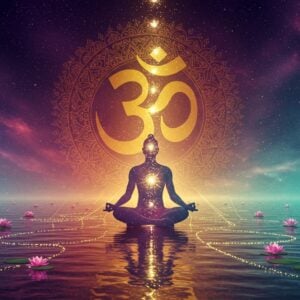 A serene Indian yogi in lotus position floating above a reflective pool of cosmic water, his form semi-transparent and merging with a massive, ornate golden Aum symbol behind him. Multiple layers of concentric mandalas in deep indigo, saffron, and cosmic blue radiate outward. The yogi's body transitions from solid at the base to ethereal at the top, dissolving into particles of golden light that merge with the universe. Swirling energy patterns in traditional Madhubani style surround him, featuring intricate sacred geometry patterns. The background shows a gradient from deep cosmic purple at the top to serene turquoise at the bottom. Small glowing lotuses float on the water surface, each emitting soft light. Streams of consciousness represented by flowing golden threads connect the yogi to the infinite cosmos. The lighting is ethereal with god rays filtering through, creating a mystical atmosphere. The art style combines hyperrealistic digital rendering with traditional Indian artistic elements, creating a modern spiritual aesthetic. The scene appears to be suspended in infinite space, suggesting transcendence beyond physical reality.