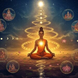 A serene cosmic scene depicting the cycle of karma and path to moksha, featuring a meditating Indian figure in lotus position floating in ethereal space. Multiple golden rings of karma swirl around the figure in a DNA-like spiral pattern. The figure radiates divine light in shades of saffron and white. Above, a brilliant white gateway represents moksha, emanating rays of pure light. Below, intricate Madhubani-style mandalas show different stages of life. Floating lotus flowers in various stages of bloom symbolize spiritual growth. The background features subtle sacred geometry patterns in deep blue and gold. Small scenes from life's journey appear within translucent orbs circling the figure. Ethereal threads of cause and effect connect these orbs. The lighting is dramatic with golden hour warmth, creating a dreamy atmosphere. The art style combines hyperrealistic digital techniques with traditional Indian motifs, featuring rich colors like deep indigo, burnished gold, and spiritual white. Cosmic elements like stars and nebulae add depth and mystical quality.
