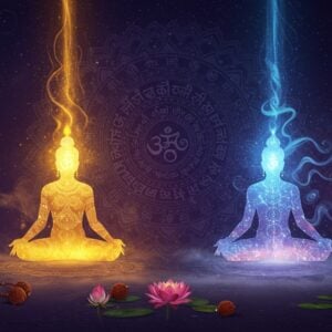 A serene cosmic scene depicting two ethereal Indian figures in meditation - one dissolving into pure golden light (representing Moksha) and another transforming into multiple flowing energy forms (representing Mukti). The background features a large, intricate mandala pattern in deep indigo and gold, with sacred Sanskrit symbols subtly woven in. Floating lotus flowers in various stages of bloom, from bud to full blossom, symbolizing spiritual evolution. The scene is illuminated by divine light streams in warm amber and cool blue tones. Swirling cosmic energy patterns and fractals surround the figures. The art style merges traditional Madhubani patterns with modern digital art techniques, featuring rich jewel tones of deep purple, celestial blue, and burnished gold. Ethereal mist and subtle sparkles add depth and mysticism. Small elements like rudraksha beads and om symbols float delicately in the space. The overall composition suggests transcendence and spiritual liberation, with a balanced mix of traditional Indian spiritual motifs and contemporary cosmic aesthetics.