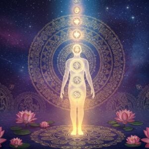 A serene ethereal composition showing a luminous human silhouette ascending through multiple planes of existence, each plane represented by concentric golden mandalas. The silhouette transitions from solid form at the bottom to increasingly transparent and light-filled forms as it rises, symbolizing the journey from physical to spiritual. The background features a cosmic spiral in deep indigo and royal purple, dotted with stars and sacred geometry patterns. Below, intricate Madhubani-style illustrations show the cycle of life - birth, life, death, and rebirth - connected by an endless knot pattern in metallic gold. Floating lotus flowers in various stages of bloom, from bud to full flower, surround the scene. The lighting is dramatic with soft golden rays emanating from above, creating an otherworldly glow. Sacred symbols like the Om and the endless knot are subtly woven into the mandala patterns. The art style combines traditional Indian motifs with modern digital art techniques, featuring a color palette of deep cosmic blues, ethereal purples, luminous golds, and pristine whites. A subtle spiral of karma symbols surrounds the ascending figure, becoming more refined and purified as they rise toward the ultimate light.