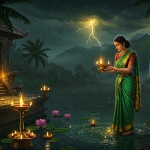 A serene Indian woman in a rain-soaked emerald green Kerala kasavu saree performing a traditional monsoon ritual near an ancient stone temple, her hands gracefully holding a brass deepa lamp with glowing flames protected from rain. Behind her, majestic coconut palms sway in the wind against dark monsoon clouds illuminated by golden lightning. The temple courtyard features a traditional kolam pattern being gently washed by rain, creating ethereal patterns. In the foreground, floating lotus flowers and oil lamps in a temple pond reflect golden light. Raindrops are rendered as shimmering golden dots, creating a magical atmosphere. The scene is styled in rich Keralan mural art tradition with modern digital aesthetics, using deep greens, gold, and navy blues. Soft glowing halos around the lamps create a mystical ambiance. The background shows the Western Ghats mountains shrouded in monsoon mist, with waterfalls cascading down their slopes. Traditional Kerala percussion instruments like chenda are visible near the temple entrance.