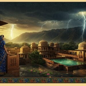 A dramatic scene of Northwest Indian landscape during monsoon, featuring majestic Aravalli mountains in the background with dark, swirling clouds overhead. In the foreground, a beautiful Indian woman in a flowing deep blue and gold silk saree stands on her balcony, her hair gently blowing in the wind. She's watching as golden-tinged rain falls over traditional Rajasthani architecture with ornate jharokhas and domed structures. Peacocks dance in the rain near a ancient stepwell filled with turquoise water. Lightning illuminates the sky in brilliant streaks of electric blue, creating a magical interplay of light and shadow. The scene incorporates Madhubani-style border patterns featuring monsoon motifs like dancing peacocks, clouds, and rain drops in rich indigo, gold, and deep green. Floating lotus flowers and leaves drift in puddles reflecting the stormy sky. The lighting is dramatic with a golden-hour glow breaking through storm clouds, creating a mystical atmosphere. The overall composition blends photorealistic weather elements with traditional Indian art motifs, rendered in a modern digital art style with high contrast and rich details.