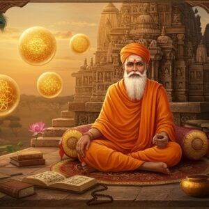 A serene Indian scholar-saint in traditional saffron dhoti and uttariya seated cross-legged on an ornate marble platform, surrounded by ancient Marathi manuscripts with gold-leafed edges. He has a flowing white beard, tilak on forehead, and radiates divine wisdom. Behind him rises an intricately carved stone temple in Hemadpanti architecture style, with detailed geometric patterns and mandalas. Floating mystical spheres of golden light contain glimpses of philosophical concepts and sacred geometry. The scene is illuminated by warm sunrise colors - deep oranges and soft yellows. Stylized lotus flowers and peacock feathers frame the composition. The art style blends traditional Maharashtrian miniature painting techniques with modern digital art, featuring rich textures, deep shadows, and ethereal lighting effects. The atmosphere is contemplative and spiritual, with subtle smoke from incense creating a mystical ambiance. Small details like palm leaf manuscripts, ink pots with feather quills, and meditation beads add authenticity. The overall color palette focuses on earthy browns, deep maroons, and touches of gold.