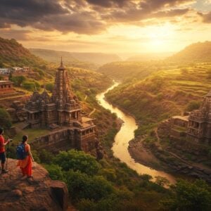 A stunning aerial view of Mukundraj Valley at golden hour, featuring ancient stone temples with intricate Hemadpanti architecture nestled among rolling hills. The valley is painted in rich earth tones of terracotta and amber, with vibrant green patches of vegetation. A winding river reflects the warm sunlight, creating a golden ribbon through the landscape. In the foreground, two young Indian travelers (one male, one female) in modern hiking attire stand on a cliff edge, looking out over the panoramic view. The female wears a fusion outfit combining traditional Indian elements with modern hiking gear, while the male carries a professional camera. Scattered throughout the valley are small traditional houses with typical Marathwada architecture. The sky features dramatic clouds in shades of orange and purple, with rays of sunlight breaking through. Several ancient step wells are visible, their geometric patterns creating interesting shadows. The scene combines photorealistic detail with subtle Madhubani-style decorative elements in the clouds and vegetation. The lighting is warm and ethereal, creating a mystical atmosphere while maintaining geographical accuracy. The overall composition suggests both adventure and cultural heritage.