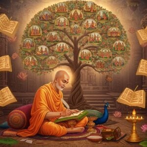 A serene Indian scholar-saint in traditional saffron dhoti and angavastram, seated cross-legged on an ornate marble platform, writing with a golden quill pen on ancient palm leaves. He's surrounded by floating, luminescent Marathi manuscripts with intricate Madhubani-style borders in deep maroon and gold. Behind him, a large, ethereal tree of knowledge emerges, its branches forming elegant mandalas, with each leaf containing miniature scenes from his teachings. Soft rays of dawn light filter through the branches, creating a mystical atmosphere. The background features a grand ancient Maharashtra temple architecture with detailed stone carvings. Scattered lotus flowers and peacock feathers frame the scene. The color palette combines deep burgundy, saffron, and peacock blue with touches of gold leaf effect. The art style merges traditional Pattachitra techniques with modern digital art, creating a harmonious blend of classical and contemporary elements. Multiple translucent layers of floating spiritual symbols and geometric patterns add depth and mysticism to the composition.