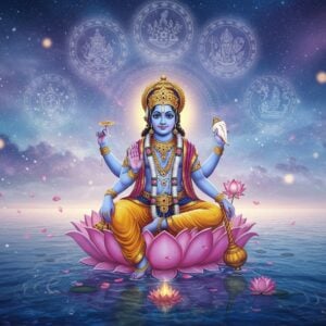 A serene ethereal scene depicting Lord Vishnu as Mukunda, seated in padmasana on a cosmic lotus floating in a vast celestial ocean. His four arms hold his iconic symbols - the Sudarshan Chakra glowing with divine fire in upper right hand, the conch shell Panchajanya emanating sacred vibrations in upper left, a blooming lotus in lower right, and the mace Kaumodaki in lower left. He wears a rich golden pitambara, adorned with intricate Madhubani-style patterns. His divine form radiates a soft blue aura merging with modern digital light effects. Around him, five translucent rings representing the five elements float in a geometric mandala pattern with Sanskrit symbols. The background features a blend of traditional Pattachitra art showing scenes from Vishnu Purana transitioning into modern sacred geometry. Floating lotus petals and light orbs create a dreamlike atmosphere. The color palette combines deep peacock blues, royal purples, and luminous golds with contemporary gradient effects. The overall composition balances ancient iconography with futuristic spiritual symbolism, rendered in high-definition digital art style with photorealistic details.