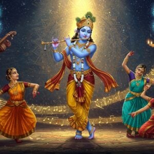 An ethereal scene depicting Lord Krishna in his divine blue form playing the golden flute, surrounded by a mandala of cosmic energy in peacock blues and golds. Three graceful Indian classical dancers in traditional dance poses perform around him, wearing vibrant silk costumes in saffron, maroon, and turquoise. Their mudras (hand gestures) create trails of golden light. The background features intricate Madhubani-style patterns with musical notes transforming into lotus flowers. Floating musical instruments - veena, tabla, and mridangam - emit soft, colorful auras. The scene is illuminated by warm, divine light from above, creating a mystical atmosphere. The dancers' movements are captured with flowing ribbons of light, suggesting continuous motion. Glowing mandalas and sacred geometry patterns float in the background. Art style combines hyperrealistic digital art with traditional Indian art elements, emphasizing rich colors and spiritual symbolism. The overall composition suggests movement, harmony, and divine connection.