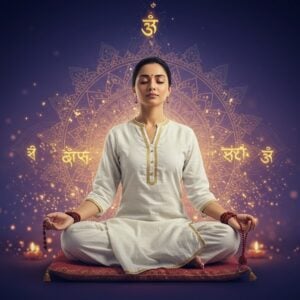 A serene Indian woman in a flowing white cotton kurta with gold trim, sitting cross-legged on a lotus-shaped meditation cushion, her eyes gently closed in peaceful meditation. Her hands are in dhyan mudra position with a traditional mala of rudraksha beads. Around her, multiple translucent, ethereal layers of expanding mandalas in soft gold and saffron tones pulse rhythmically like soundwaves. Floating spiritual Sanskrit syllables in golden light emerge from her serene aura, transforming into streams of luminous energy. The background features a gradient from deep indigo to soft lavender, with delicate Madhubani-style patterns. Small glowing orbs of light, like fireflies, dance around her form. A soft, divine light illuminates her face from above, creating a peaceful glow. The scene is rendered in a modern digital art style while incorporating traditional Indian artistic elements, with particular attention to lighting effects and spiritual symbolism. The atmosphere suggests deep tranquility and spiritual elevation.