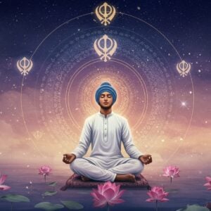 A serene Indian scene showing a young Sikh person in deep meditation, wearing contemporary white kurta, sitting cross-legged on a minimalist cushion against a cosmic backdrop. Their eyes are gently closed, surrounded by a soft golden aura. Floating around them are ethereal, translucent manifestations of the Khanda symbol and intricate geometric patterns inspired by Gurmukhi script. The background features a gradient from deep indigo to dawn pink, with subtle sacred symbols from Sikhism emerging from mist. Multiple layers of concentric mandalas in gold and azure blue ripple outward from the meditating figure. Small particles of divine light scatter across the scene like stars. The lighting is warm and gentle, creating a peaceful atmosphere. The art style combines digital art with traditional Indian miniature painting techniques, emphasizing both modern aesthetic and spiritual depth. The scene includes delicate lotus flowers in various stages of bloom floating in the foreground, rendered in soft pastels. The overall composition suggests tranquility, spiritual elevation, and inner peace.